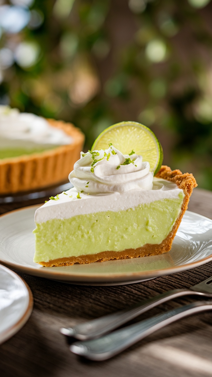 Tangy and Creamy Key Lime Pie Recipe A slice of Key Lime Pie with creamy filling, whipped cream topping, and lime garnish on a rustic table.